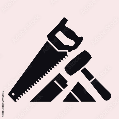 Black silhouette of a handsaw and hammer with wooden blocks on a light pink background mallet