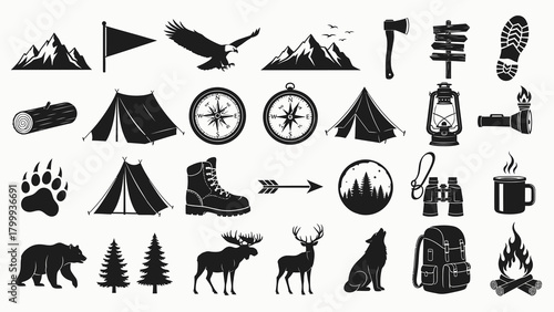 Collection of vintage outdoor camping and hiking adventure icons