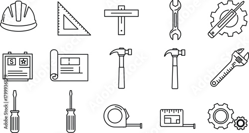 Construction tools icon set with hard hat, blueprint, hammer, screwdriver, wrench, measuring tape, ruler and gear symbols vector illustration