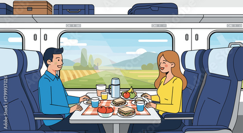 Joyful couple enjoys a delightful picnic lunch on a scenic train journey through picturesque countryside landscapes