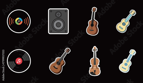 Set of Cartoon Musical Instruments and Audio Equipment Stickers. Flat Vector Illustration of Guitar, Ukulele, Violin, Speaker, and Vinyl Records for Music, Concert, and Hobby Concepts.