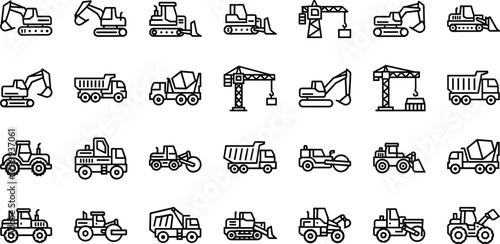 Construction vehicle line icons including excavators, bulldozers, cranes, dump trucks, rollers, tractors, cement mixers, heavy equipment outline illustrations
