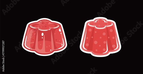 Set of Cute Cartoon Red Jelly or Gelatin Dessert Stickers. Simple Flat Vector Illustration of Sweet Confectionery for Food Design, Menu, Decoration, and Party Concepts.