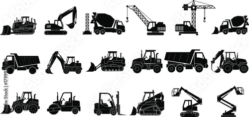 Construction vehicle silhouette set featuring excavators, bulldozers, cranes, dump trucks, forklifts, loaders and heavy machinery equipment for industrial projects