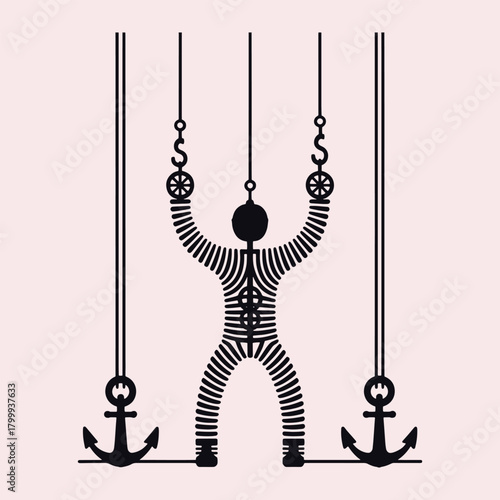 Black silhouette of a segmented human figure suspended by ropes with anchors at the bottom against a pale pink background