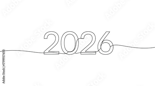 The year 2026 represented in a minimalist, continuous line art style, isolated on a clean, symbolizing future, planning, and new beginnings
