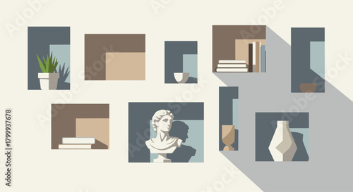 Elegant modern interior decor featuring abstract art, sculptures, and plants, creating a serene and sophisticated ambiance for home or office