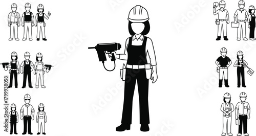 Construction worker character set with male and female engineers, tool belts, safety helmets, power tools, industrial teamwork illustration, project management icons