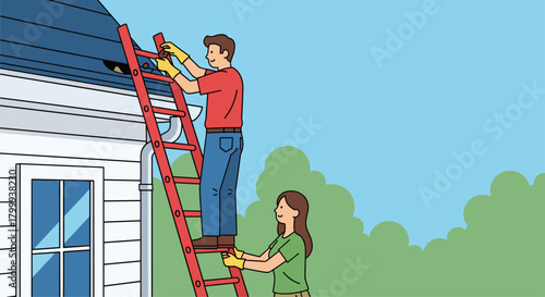 Dedicated couple works together on home maintenance, cleaning gutters safely from a ladder on a sunny day