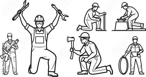 Construction worker line art set, industrial labor tools illustration, skilled tradesman outline drawings, job site action poses for engineering design