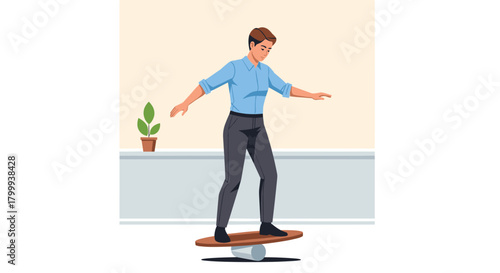 Professional finding balance and focus while practicing core strength and mindfulness on a balance board in a modern office setting