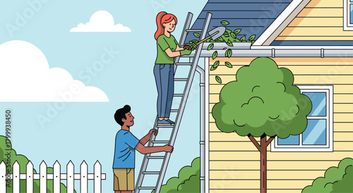 Couple diligently cleans house gutters together, enjoying teamwork and outdoor home maintenance during a bright sunny day