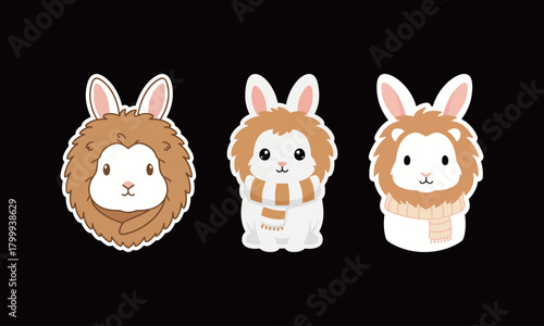 Set of three cute cartoon rabbit stickers wearing lion manes and winter scarves with a white outline, representing animals, fantasy, and seasonal fashion.