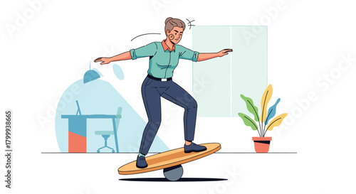 Struggling professional attempts to balance work and life challenges in modern office, symbolizing stress and equilibrium