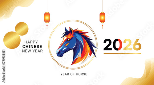 Happy chinese new year 2026, year of the horse, with a colorful horse head illustration and traditional lanterns, isolated on