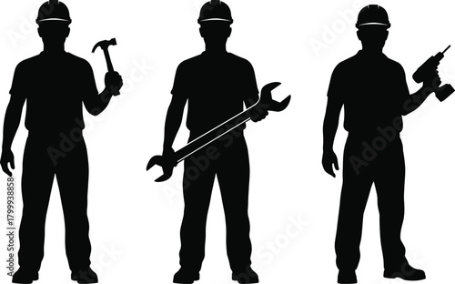Construction worker tool silhouette set, workers holding hammer wrench and drill illustration, industrial labor vector icons for job site equipment