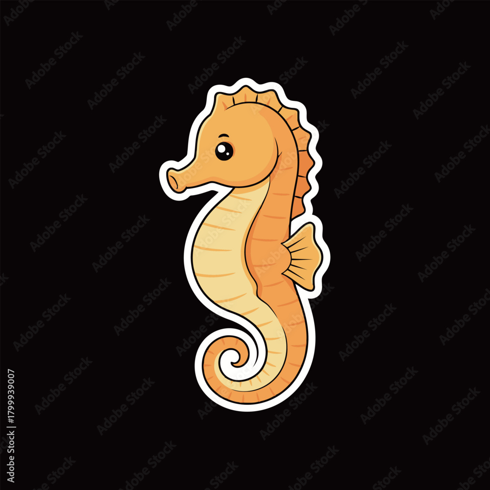 Fototapeta premium Single cartoon seahorse sticker in an orange and yellow color palette with a white outline, representing marine life, ocean creatures, and underwater fauna.