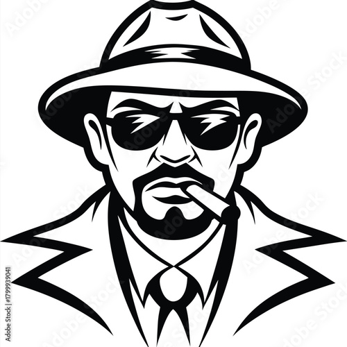 Monochrome man wearing fedora and sunglasses smokes, presented in a stylized vector