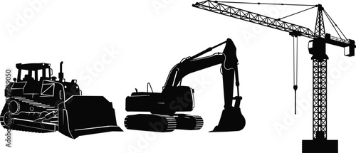 Construction heavy machinery silhouette set, bulldozer excavator and tower crane illustration, industrial equipment vector for building and engineering projects