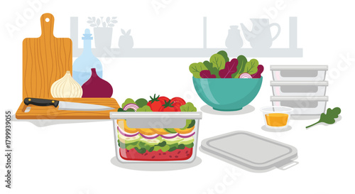 Vibrant ingredients for a healthy fresh salad prepared and stored in modern kitchen containers for delicious meal prep