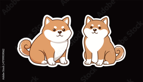 Set of two adorable cartoon Shiba Inu dog stickers sitting, vector illustration in a brown and white style with a white outline, representing Japanese pets and dog breeds.