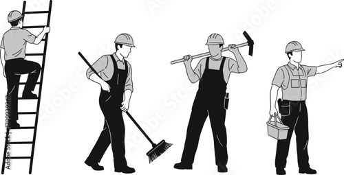Construction workers performing tasks including ladder climbing, sweeping, carrying tools and pointing direction, safety gear teamwork illustration for industrial workplace