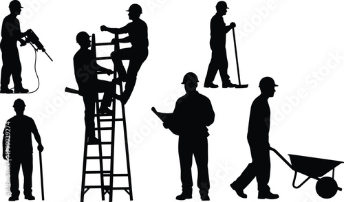 Construction workers performing various tasks, using tools, ladder climbing, wheelbarrow pushing, drilling, planning, industrial labor silhouette set for project design