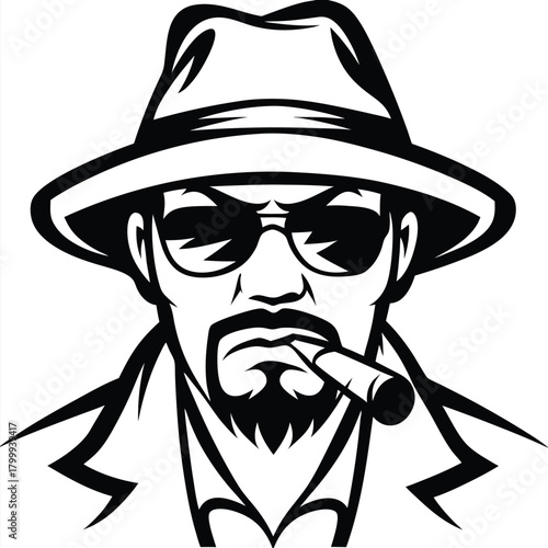 Stern man with hat smokes a cigar and wears dark glasses vector