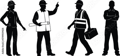 Construction workers silhouette set with engineers, supervisors, and laborers, safety gear, toolboxes, project planning poses, industrial workforce illustration