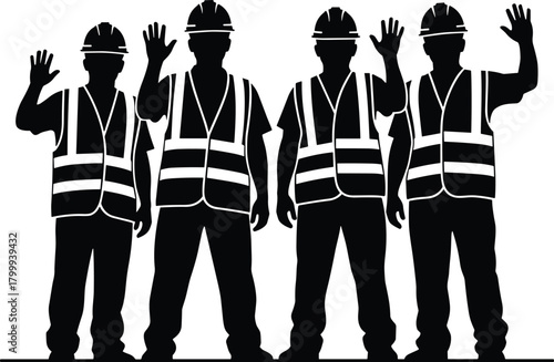 Construction workers waving silhouette illustration, team of laborers wearing safety vests and helmets, industrial workforce vector for job site and building projects