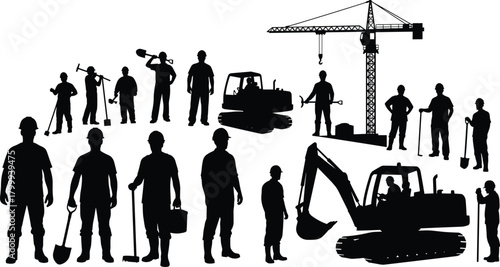 Construction workers and heavy machinery silhouette set with crane, excavator and labor crew, industrial job site vector illustration for building projects