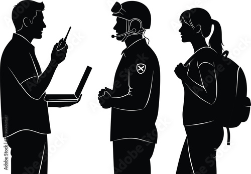 Conversation between worker, rescue responder and woman silhouette, communication teamwork vector, emergency support illustration, black professional people icon set