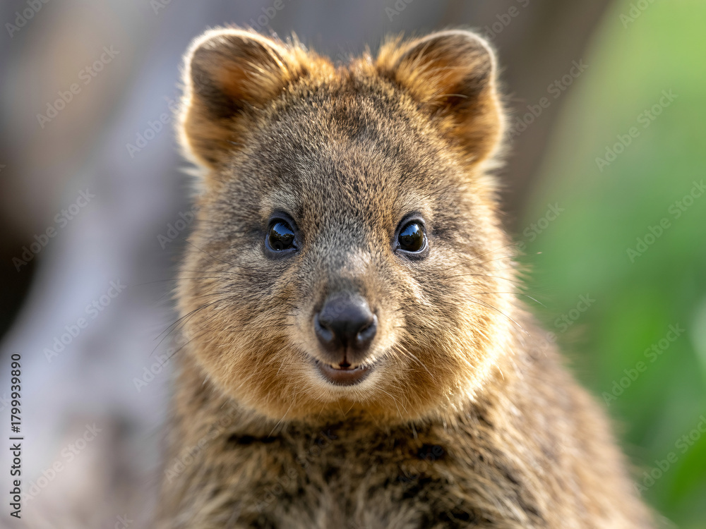 Fototapeta premium Adorable quokka smiling sweetly at the camera, radiating pure happiness and charm, a heartwarming moment perfect for animal lovers and positive vibes