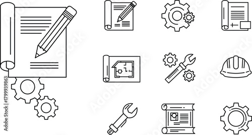 Engineering blueprint and gear icon set, technical drawing tools illustration, mechanic wrench symbols, construction plan vector graphics for industrial design