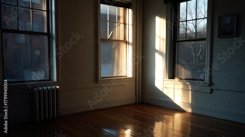 Bright sunlit interior with large windows and hardwood floor in empty room with warm light and textured brick walls