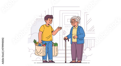 Kind young man delivering groceries to elderly woman at her doorstep, fostering community spirit and intergenerational connection