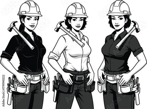 Female construction worker illustration set, women builders with tools and safety helmets, professional tradeswoman vector art for industry and job site design