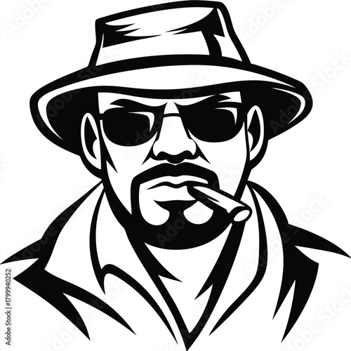 Mysterious man with sunglasses and hat smokes cigar, casting an enigmatic silhouette