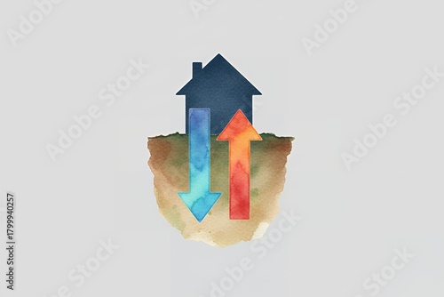 House with direction arrows representing energy efficiency concept geothermal heat pump