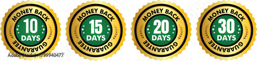 Money Back Guarantee Badge Set – 10, 15, 20, 30 Days Refund Policy Badge Stamps for Risk-Free Purchase, Customer Satisfaction, and Secure Shopping Assurance