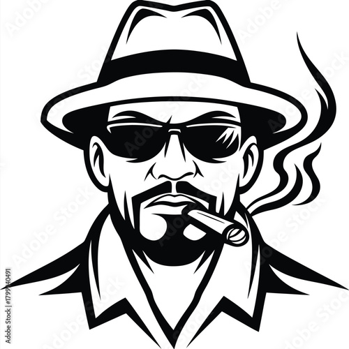 Stern man smoking a cigar with stylish hat and sunglasses in bold monochrome