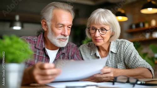 Senior couple reviews estate planning documents at kitchen table, surrounded by finance books, glasses, discuss retirement, wealth management, future security decisions, scene sign