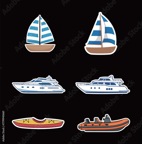 Variety of Water Transport Vehicles Cartoon Sticker Set: Sailboats, Yachts, Kayak, and Inflatable Boat Vector Collection