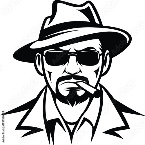 Serious man with fedora and sunglasses smokes a cigar in bold black lines