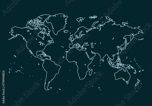 Mapa mundial de líneas de contorno en azul claro sobre un fondo oscuro, concepto de límites globales y geografía