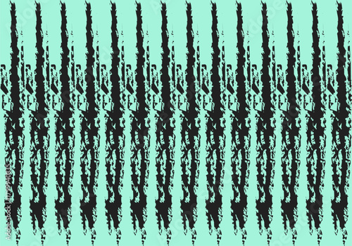 Patrón abstracto repetitivo con rayas negras verticales distorsionadas en pincel negro y fondo verde menta, estilo glitch o grunge