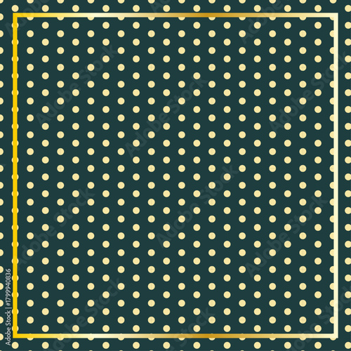 Fondo elegante con patrón de lunares dorados sobre verde oscuro con un marco cuadrado brillante
