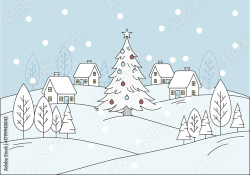 Ilustración de invierno lineal y minimalista de un pueblo nevado con casas y un gran árbol de navidad en el centro