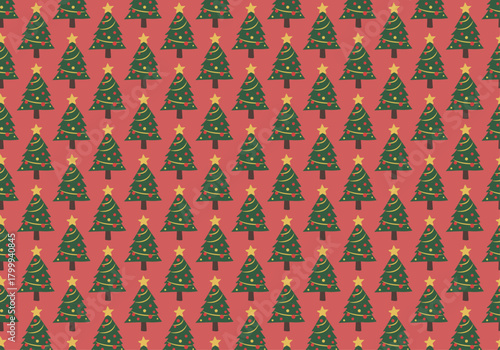 Patrón repetitivo sin costuras de árboles de navidad ilustrados sobre un fondo rojo, motivo festivo y estacional