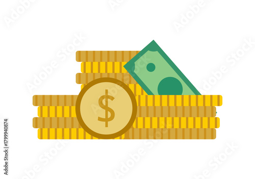 Apilamiento de monedas de oro y billete de dólar, concepto de ahorro, inversión y finanzas